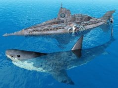 3D illustration of a Megalodon next to a submarine.Photo by: (c) MIRO3D www.fotosearch.com